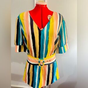 Brand New Lane Bryant Our Illusion Strips Multicolor V-Neck Belted Top Size 18